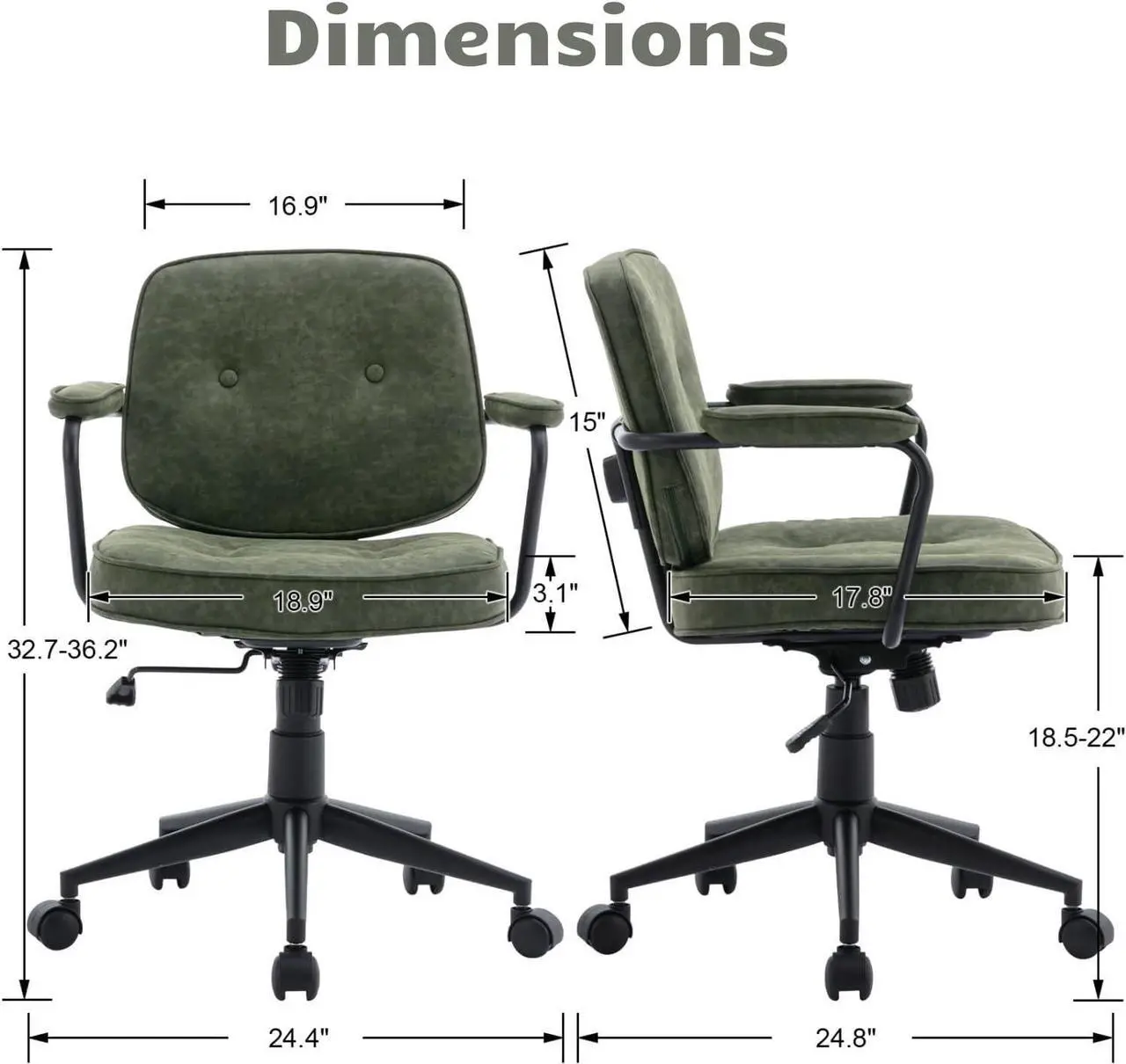 Alt view image 3 of 7 - HEAH-YO Modern PU Leather Home Office Desk Chair, Adjustable Computer Desk Chair with Wheels and Arms, Swivel Task Chair with Back Support for Home Office, Green