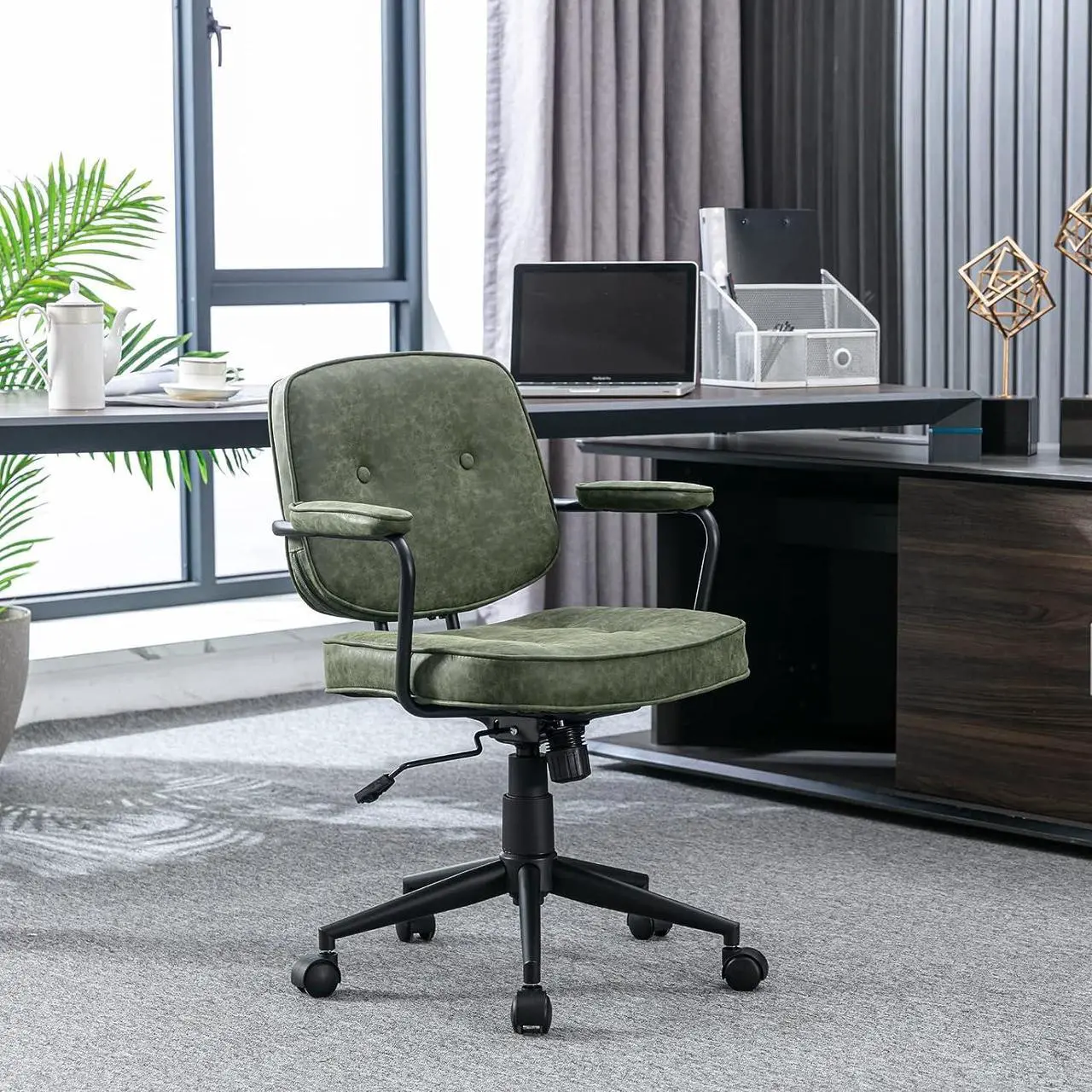 Alt view image 2 of 7 - HEAH-YO Modern PU Leather Home Office Desk Chair, Adjustable Computer Desk Chair with Wheels and Arms, Swivel Task Chair with Back Support for Home Office, Green