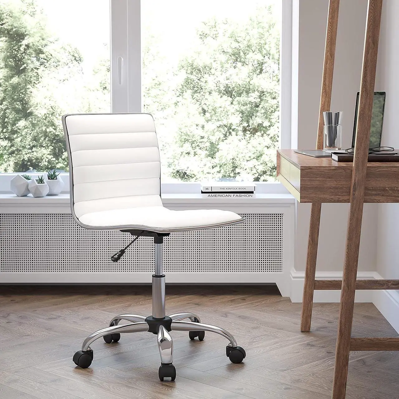 Alt view image 2 of 7 - Flash Furniture Alan Low-Back Ribbed Upholstered Vinyl Swivel Desk Chair with Padded Seat, Modern Adjustable Height Padded Office Chair, White