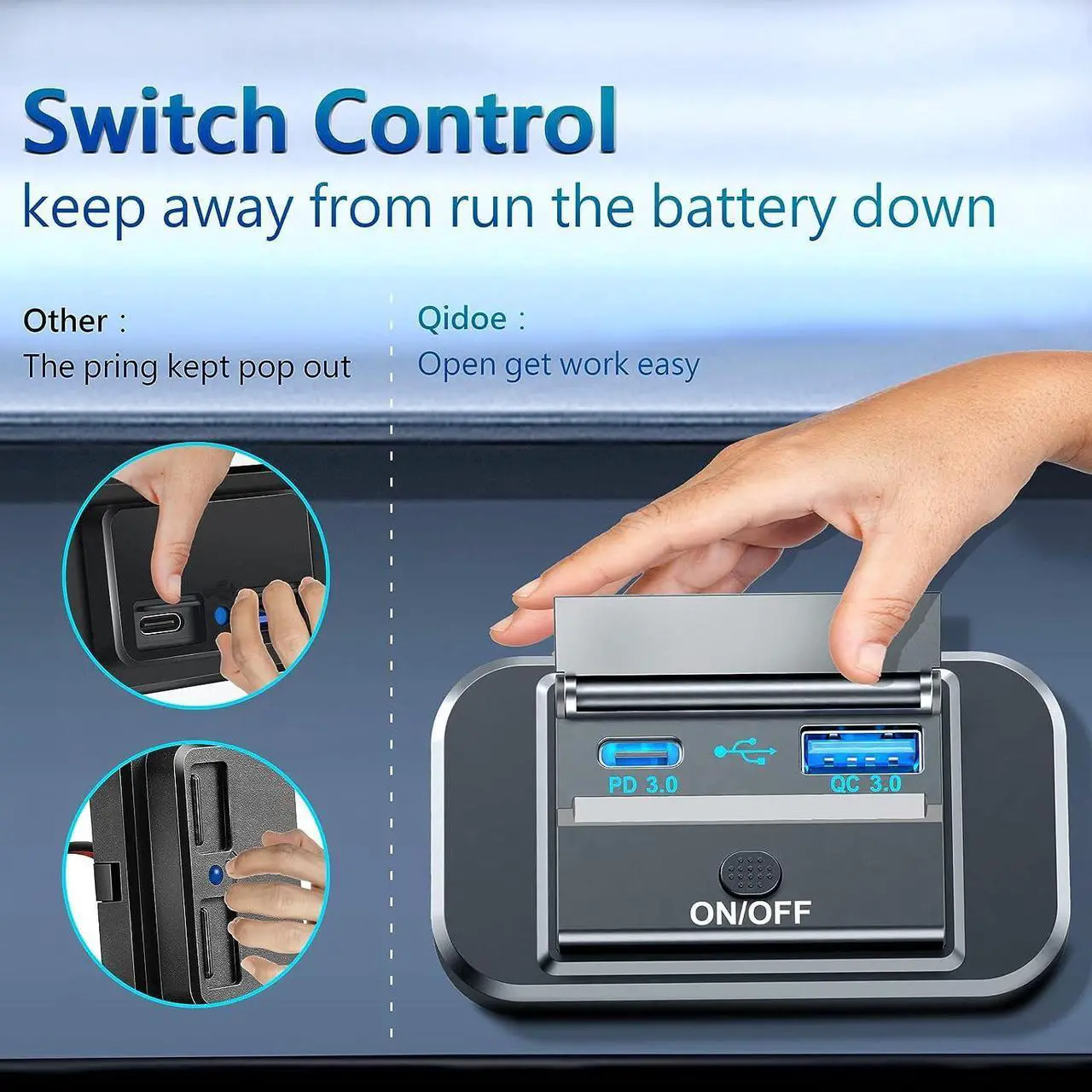 Alt view image 3 of 7 - Dual Quick Charge 3.0 and PD RV USB Outlet 12V Qidoe 12V USB Charger Car USB Port 12 Volt USB Outlet Socket Accessories with Power Switch Waterproof Cover for RV Motorcycle Truck Golf Cart