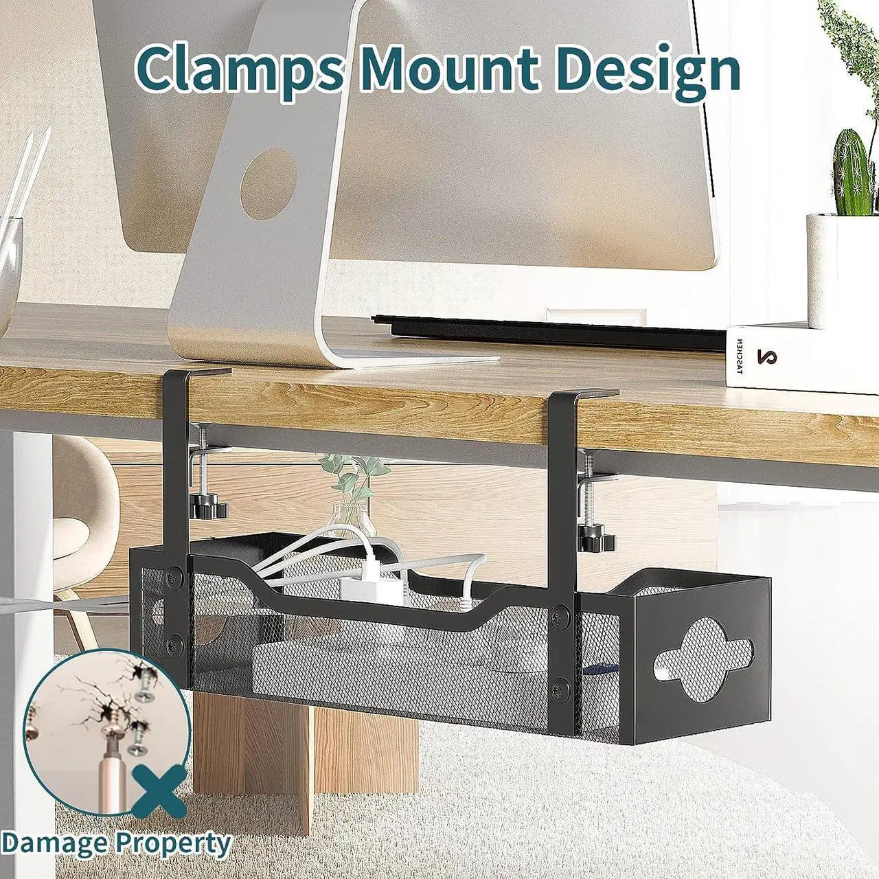Alt view image 4 of 7 - Litwaro Under Desk Cable Management Tray Black, No Drill, Desk Cord Organizer, Wire Management, 15.75 Inches