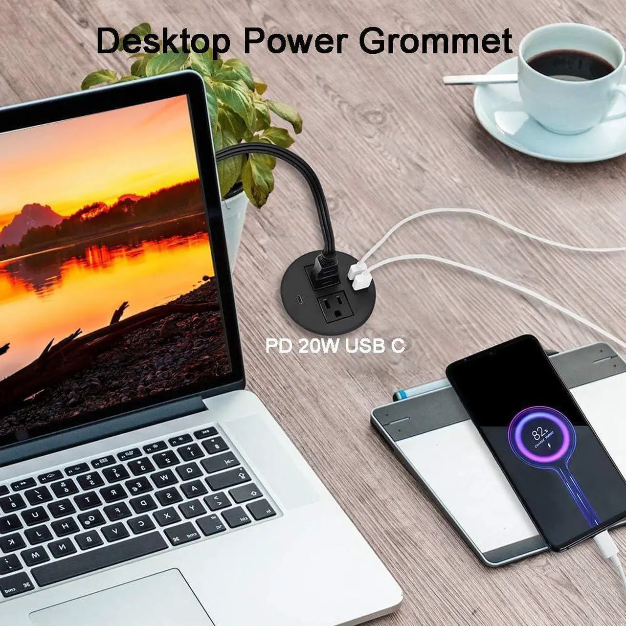 Alt view image 2 of 7 - Kungfuking Desktop Power Grommet with PD 20W USB C,Recessed Power Outlets with 2 AC Plugs and 3 USB Charging Ports,Hidden Power Strip for Office Kitchen Cabinet Conference Room