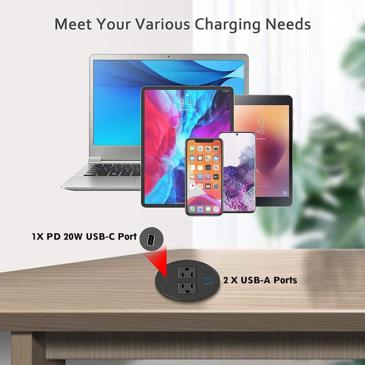 Alt view image 3 of 7 - Kungfuking Desktop Power Grommet with PD 20W USB C,Recessed Power Outlets with 2 AC Plugs and 3 USB Charging Ports,Hidden Power Strip for Office Kitchen Cabinet Conference Room