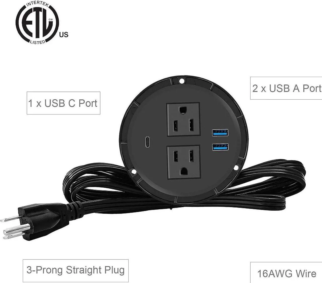Alt view image 7 of 7 - Kungfuking Desktop Power Grommet with PD 20W USB C,Recessed Power Outlets with 2 AC Plugs and 3 USB Charging Ports,Hidden Power Strip for Office Kitchen Cabinet Conference Room