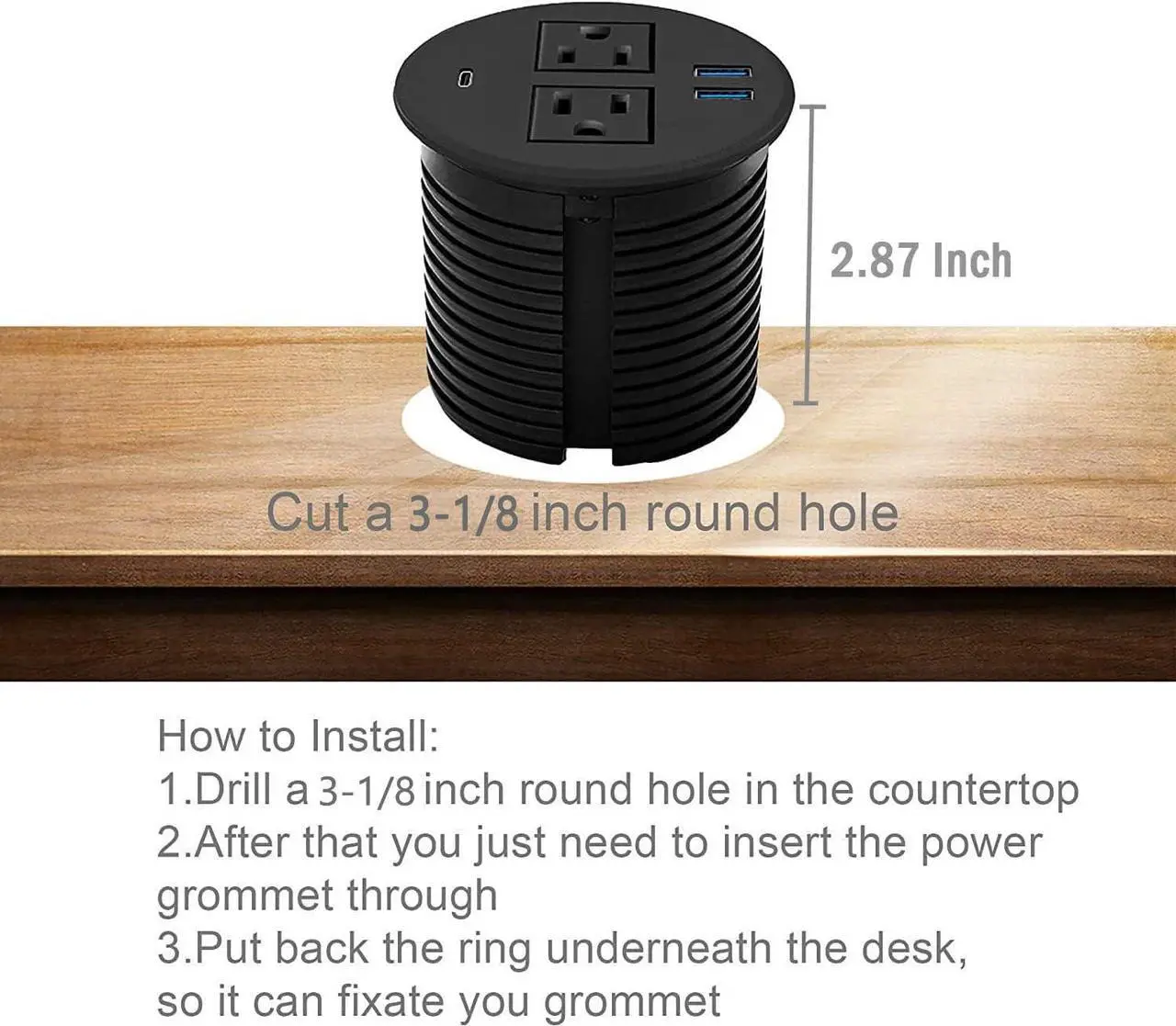 Alt view image 5 of 7 - Kungfuking Desktop Power Grommet with PD 20W USB C,Recessed Power Outlets with 2 AC Plugs and 3 USB Charging Ports,Hidden Power Strip for Office Kitchen Cabinet Conference Room