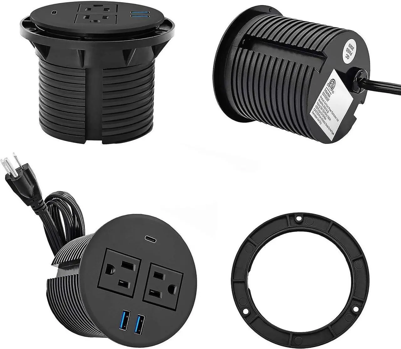 Alt view image 6 of 7 - Kungfuking Desktop Power Grommet with PD 20W USB C,Recessed Power Outlets with 2 AC Plugs and 3 USB Charging Ports,Hidden Power Strip for Office Kitchen Cabinet Conference Room