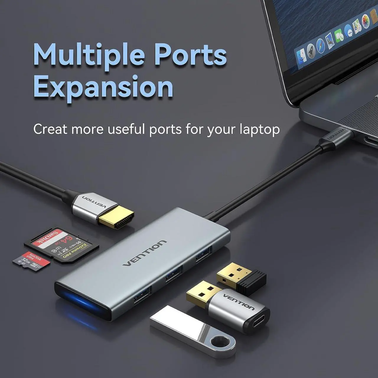 Alt view image 2 of 7 - USB C Hub for MacBook, VENTION USB Type C Hub Multiport Adapter 6 in 1 with 4K HDMI USB 3.0 Data Transfer SD/TF Card Reader, USB C Dongle Compatible with MacBook Pro/Air, iPad Pro, Surface,XPS
