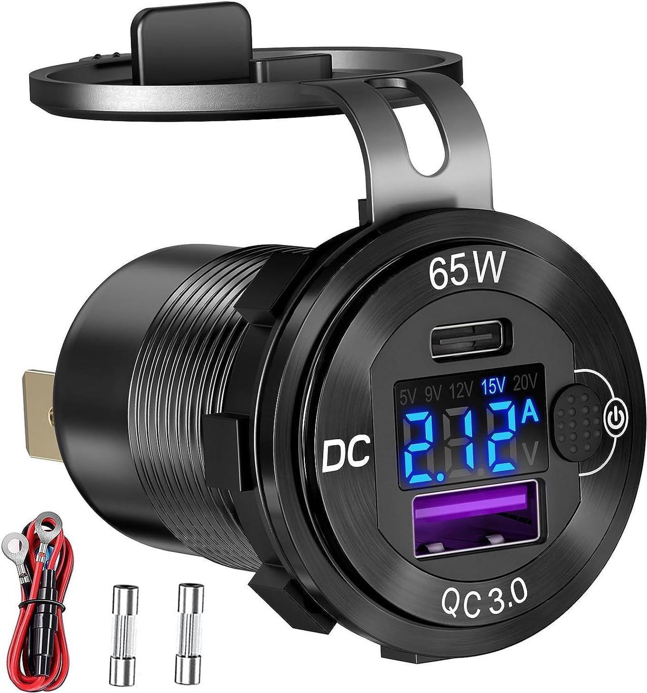 83W 12 Volt USB Outlet Built-in Boost USB C Laptop Car Charger: Ouffun 65W PD3.0 and 18W QC3.0 Car USB Port Aluminum Socket with Button Switch Smart Voltmeter, Suitable for Car RV Marine Golf Cart