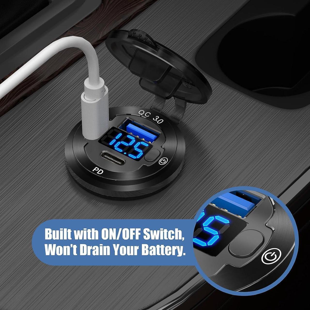 Alt view image 5 of 7 - 12V USB Car Socket Round USB C 12V Outlet, 3-Port Marine USB Fast Charger Waterproof Cigarette Outlet USB Replacement Aluminum with Switch & Voltmeter, Suitable for Boat Golf Cart RV Motorcycle Truck