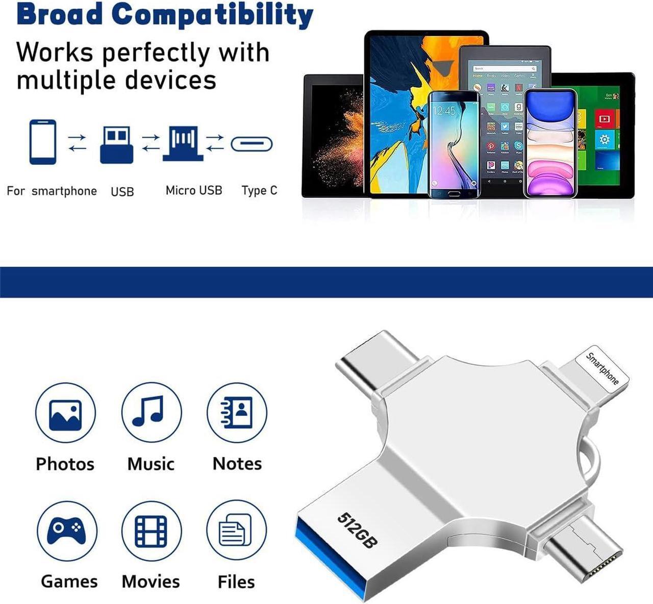 Alt view image 3 of 7 - AOIRHLA USB Flash Drive Photo Stick 512GB - 4 in 1 USB 3.0 High Speed Thumb Drive Memory Stick Portable Jump Drive Storage Device for Smartphone/Computer/Laptop/PC/Android External Data Storage