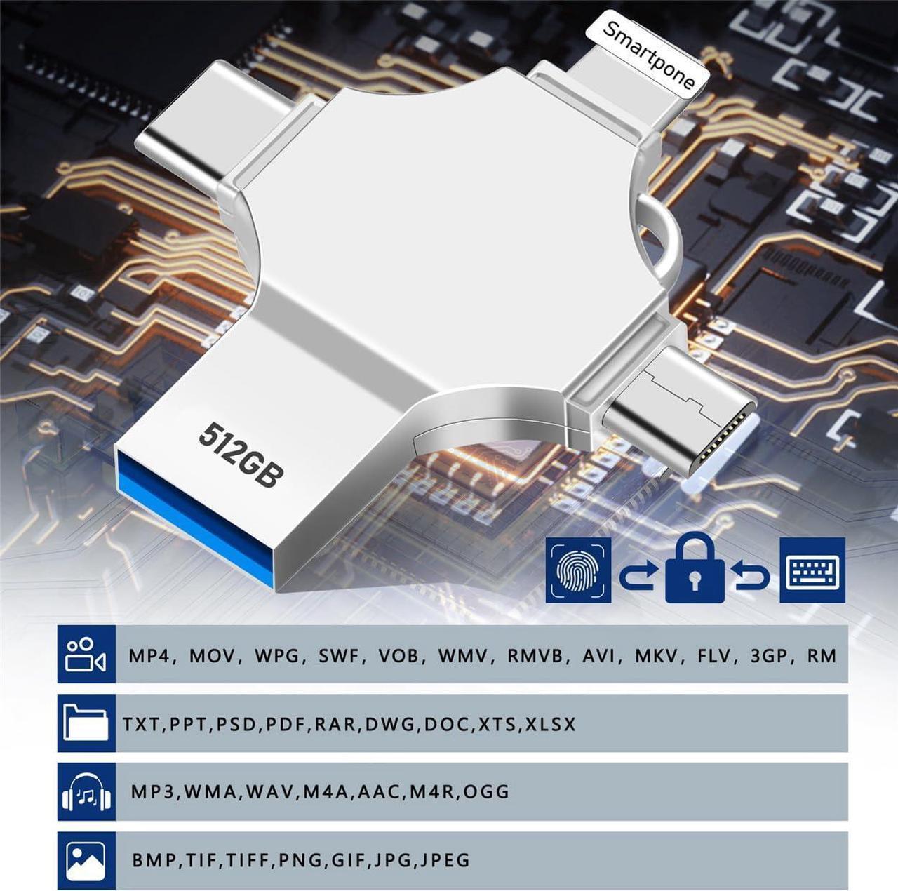 Alt view image 5 of 7 - AOIRHLA USB Flash Drive Photo Stick 512GB - 4 in 1 USB 3.0 High Speed Thumb Drive Memory Stick Portable Jump Drive Storage Device for Smartphone/Computer/Laptop/PC/Android External Data Storage