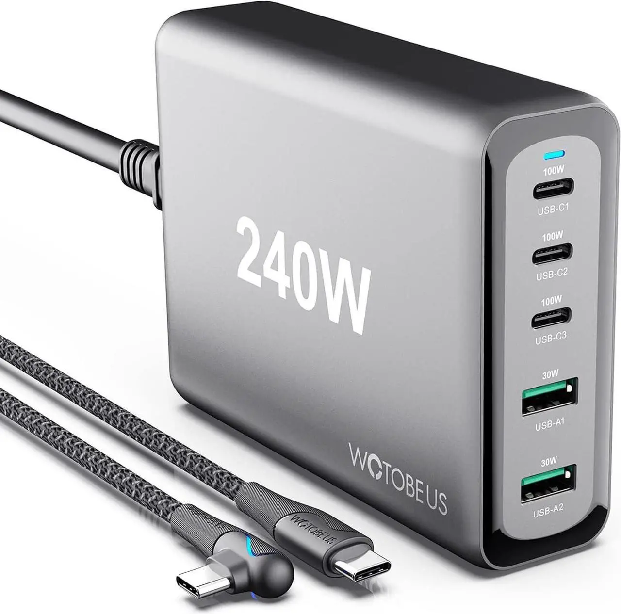 Main image of 240W USB C Charger Station WOTOBEUS 5-Ports (PD 100W PPS45W+30W QC3.0) Type C Super Fast Charging Laptop GaN Power Adapter 5A LED Cable AC Cord for iPhone 14 13 12 iPad MacBook Samsung S23/22/21 Pixel
