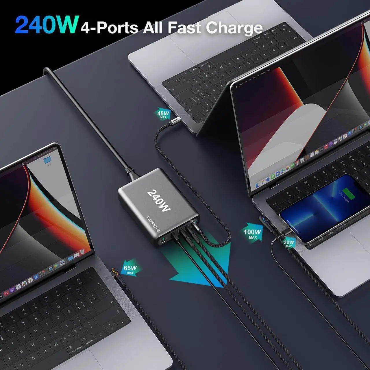 Alt view image 4 of 7 - 240W USB C Charger Station WOTOBEUS 5-Ports (PD 100W PPS45W+30W QC3.0) Type C Super Fast Charging Laptop GaN Power Adapter 5A LED Cable AC Cord for iPhone 14 13 12 iPad MacBook Samsung S23/22/21 Pixel