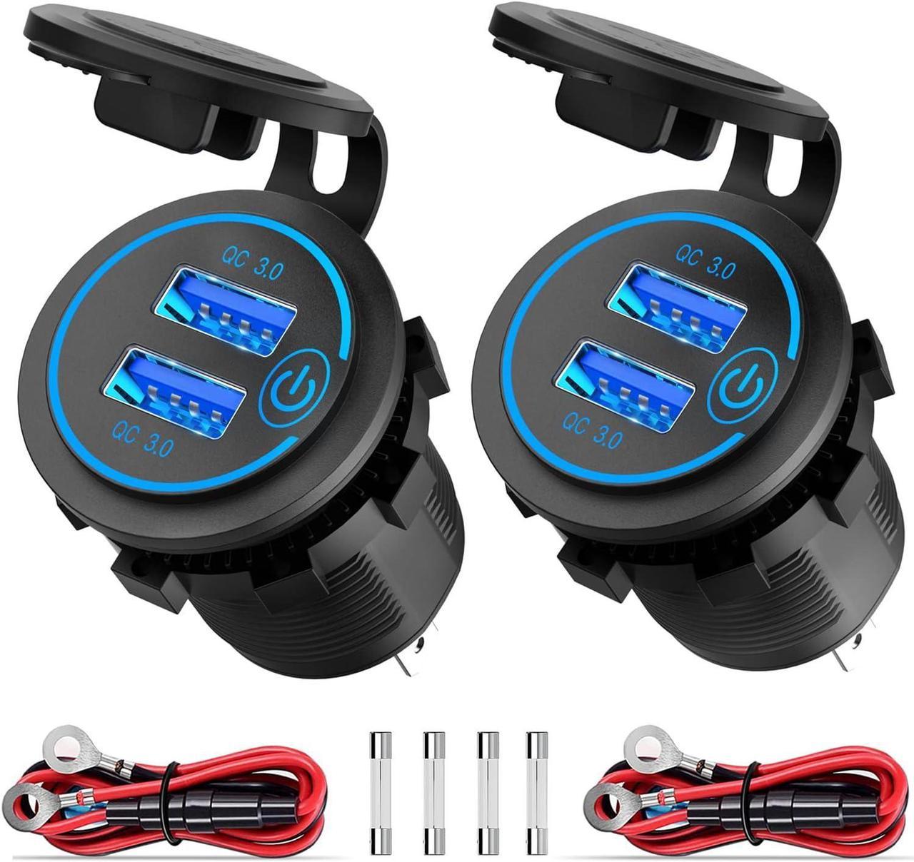 [2 Pack] 12V USB Outlet, Quick Charge 3.0 Dual USB Power Outlet with Touch Switch, Waterproof 12V/24V Fast Charge USB Charger Socket DIY Kit for Car Boat Marine Bus Truck Golf Cart RV Motorcycle, etc.