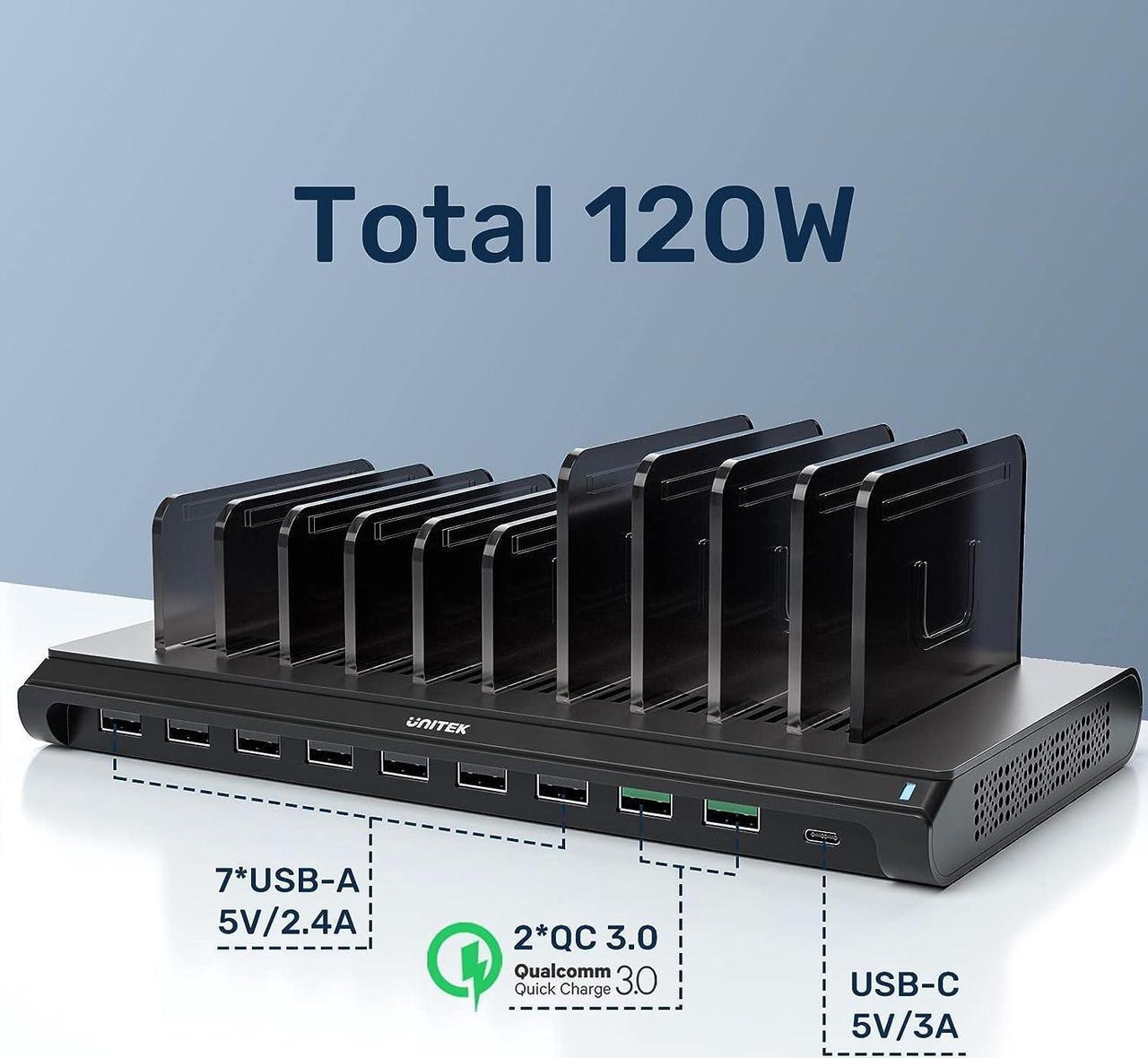 Alt view image 2 of 7 - Unitek Multi USB Charging Station - 10 Ports Fast iPad Charging Dock with Type-C & 2 QC 3.0 Port, Charger Station Organizer for Multiple Devices Designed for iPhone, Kindle, Android, Tablets