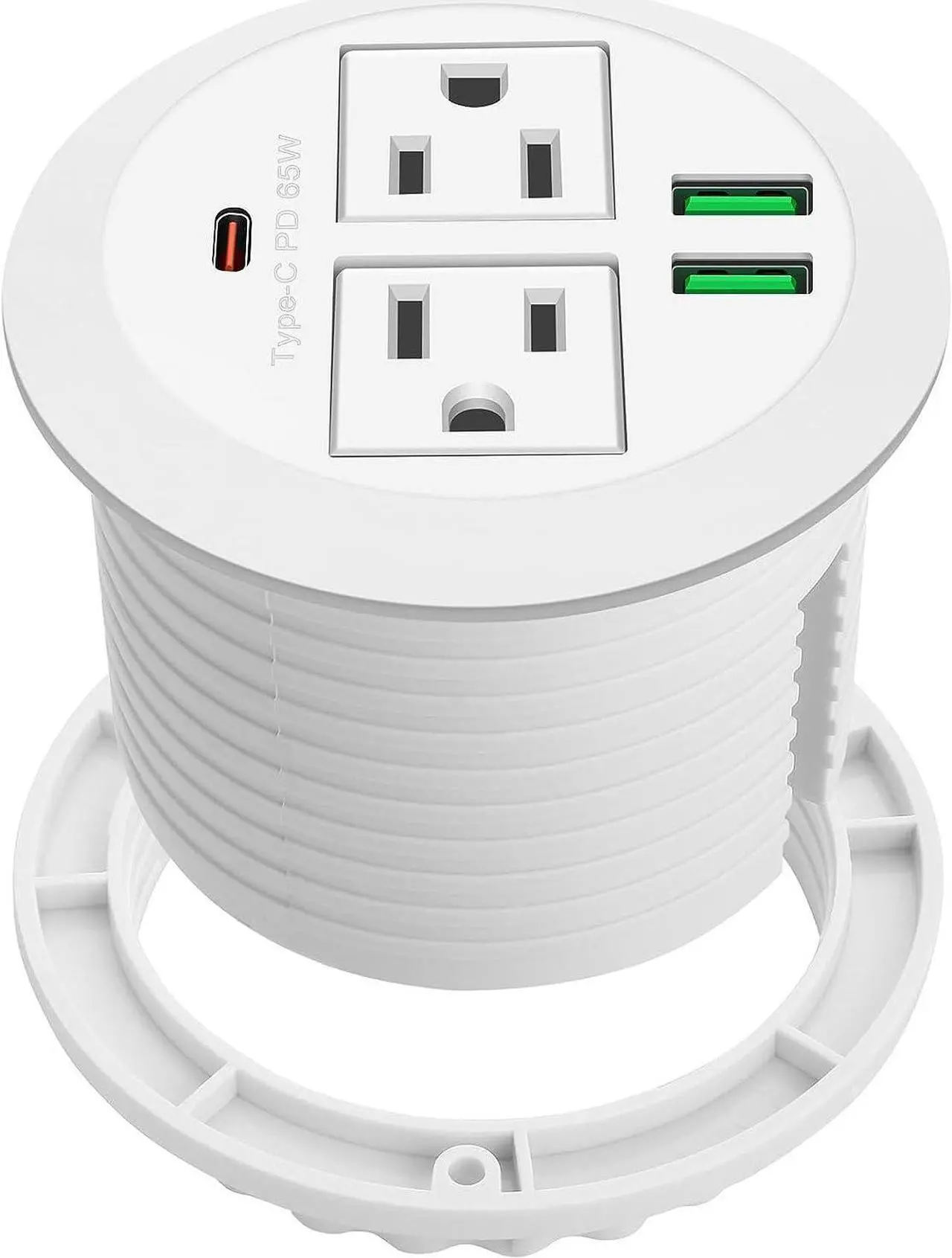 Main image of 3-inch Desktop Power Grommet,Max 65W USB C Charger,2 Outlets and 3 USB, High-Speed Charging Station, Flush Mount Desk Hole Round Power Outlet, Recessed Power Strip,6ft Cord Flat Plug