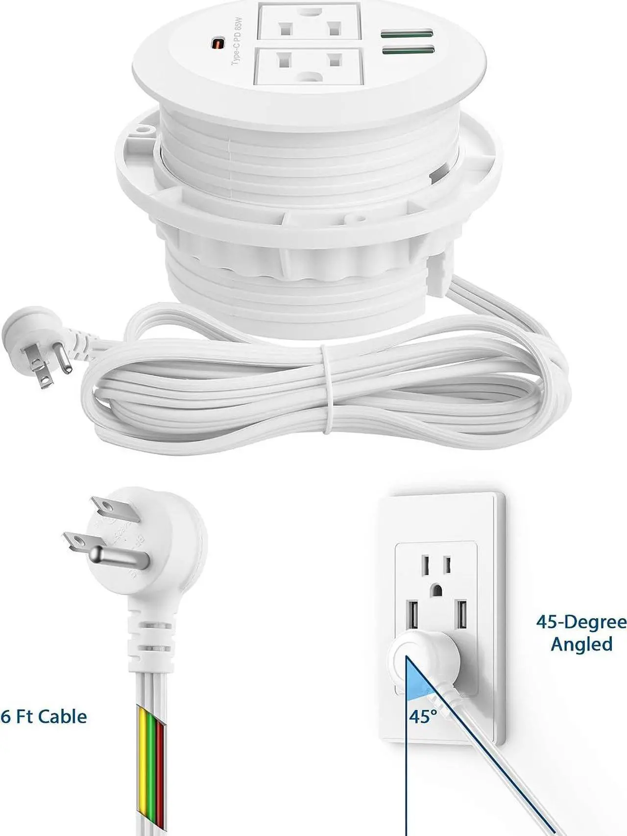 Alt view image 5 of 7 - 3-inch Desktop Power Grommet,Max 65W USB C Charger,2 Outlets and 3 USB, High-Speed Charging Station, Flush Mount Desk Hole Round Power Outlet, Recessed Power Strip,6ft Cord Flat Plug