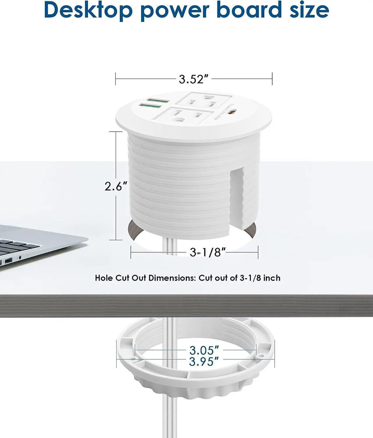 Alt view image 6 of 7 - 3-inch Desktop Power Grommet,Max 65W USB C Charger,2 Outlets and 3 USB, High-Speed Charging Station, Flush Mount Desk Hole Round Power Outlet, Recessed Power Strip,6ft Cord Flat Plug