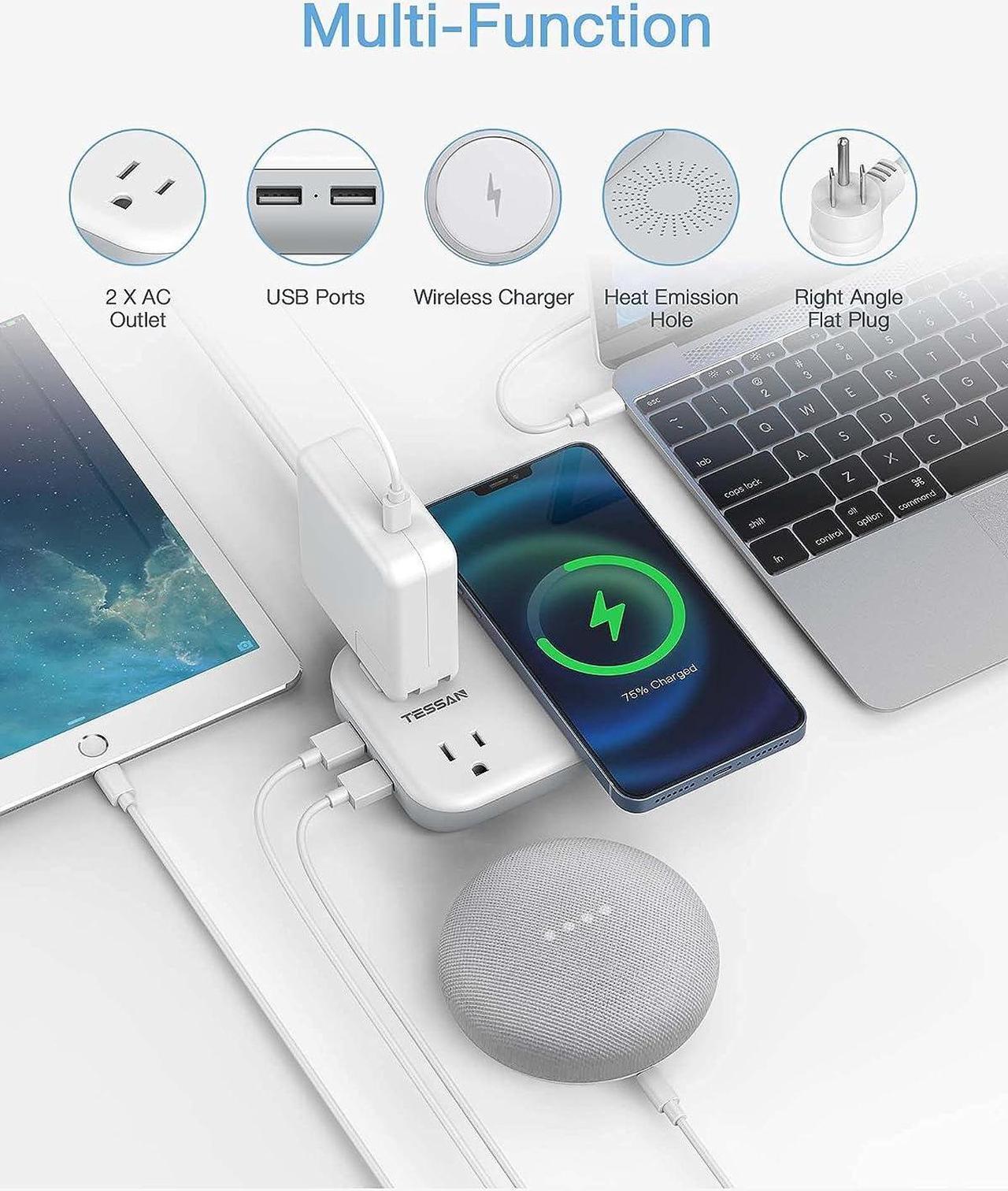 Alt view image 2 of 7 - Small Power Strip 2 USB 1 Wireless Charger, TESSAN Mini Flat Plug Nightstand Desktop Charging Station with 2 Outlet 4 ft Extension Cord, Compatible with iPhone for Dorm Room Cruise