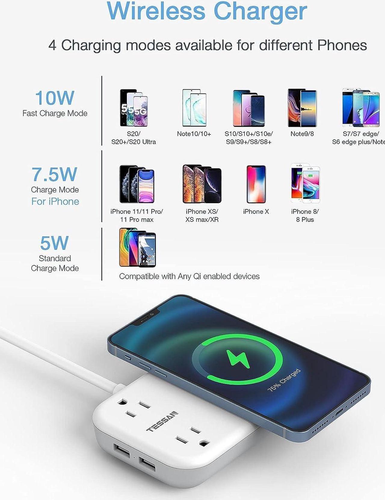 Alt view image 3 of 7 - Small Power Strip 2 USB 1 Wireless Charger, TESSAN Mini Flat Plug Nightstand Desktop Charging Station with 2 Outlet 4 ft Extension Cord, Compatible with iPhone for Dorm Room Cruise