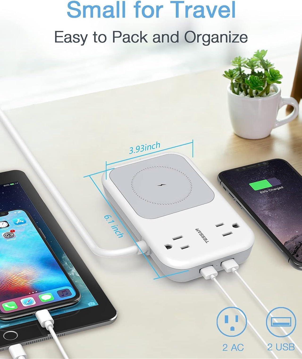 Alt view image 4 of 7 - Small Power Strip 2 USB 1 Wireless Charger, TESSAN Mini Flat Plug Nightstand Desktop Charging Station with 2 Outlet 4 ft Extension Cord, Compatible with iPhone for Dorm Room Cruise