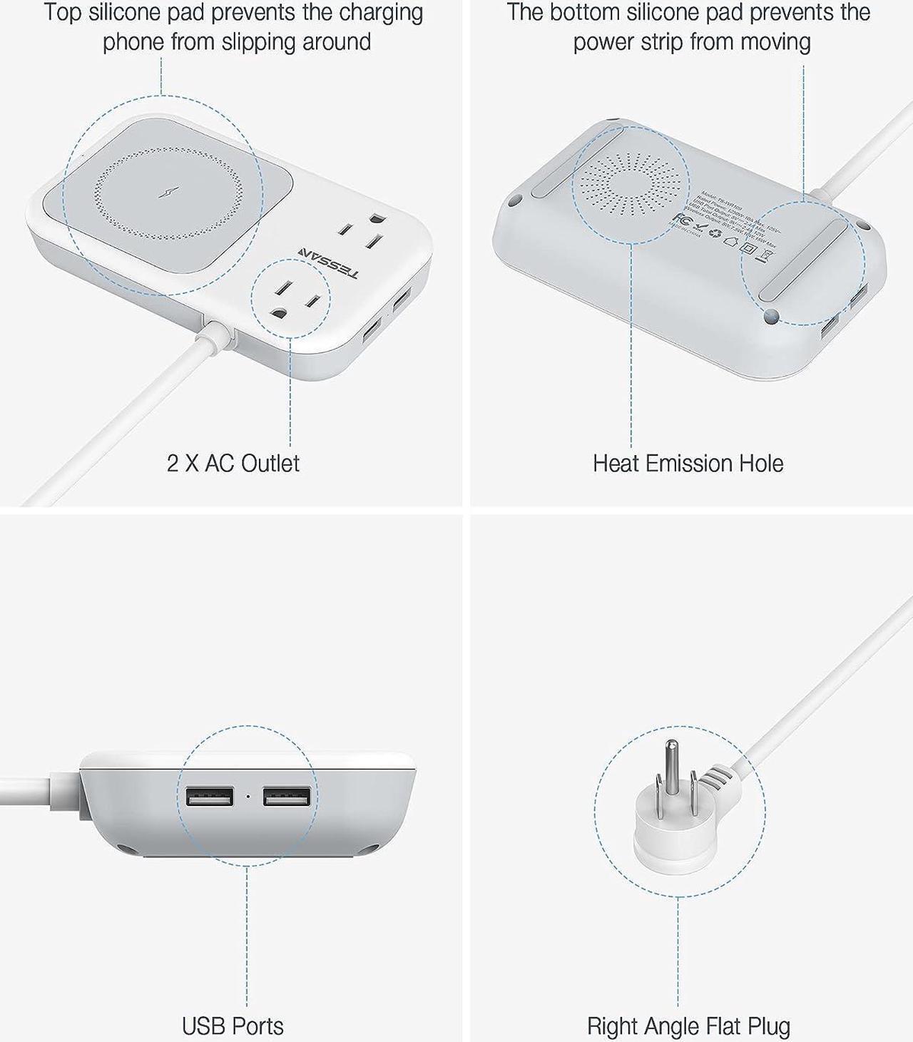 Alt view image 7 of 7 - Small Power Strip 2 USB 1 Wireless Charger, TESSAN Mini Flat Plug Nightstand Desktop Charging Station with 2 Outlet 4 ft Extension Cord, Compatible with iPhone for Dorm Room Cruise