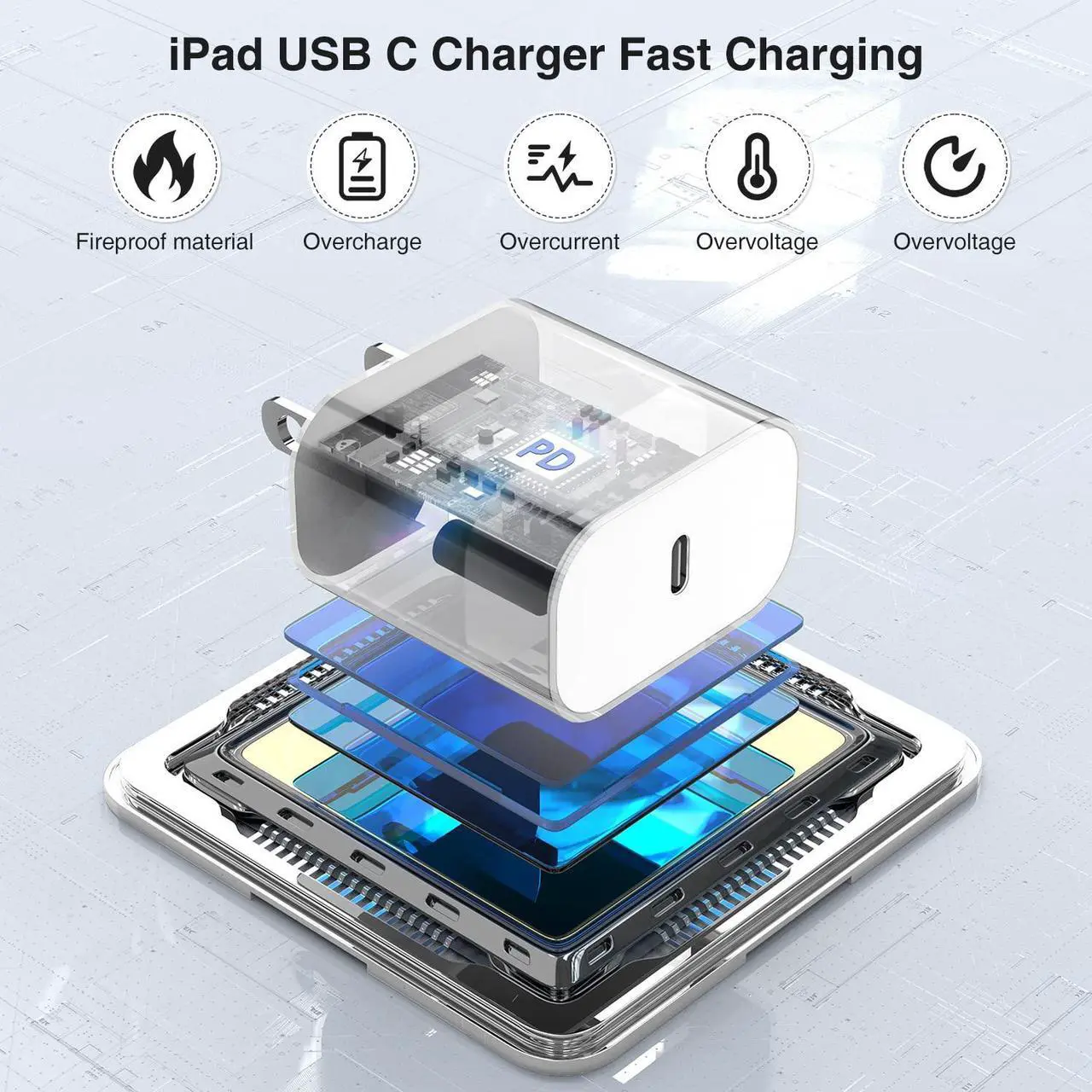 Alt view image 3 of 7 - iPad Pro Charger Fast Charging,[Apple Certified]2Pack 10ft iPad Charger Cord Cable with USB C Block Plug for iPad Pro 2022/2021/2020/2018 12.9/11/10.9 inch,5/4/3/2/1th Generation,Air 5/4th,Mini 6 Gen