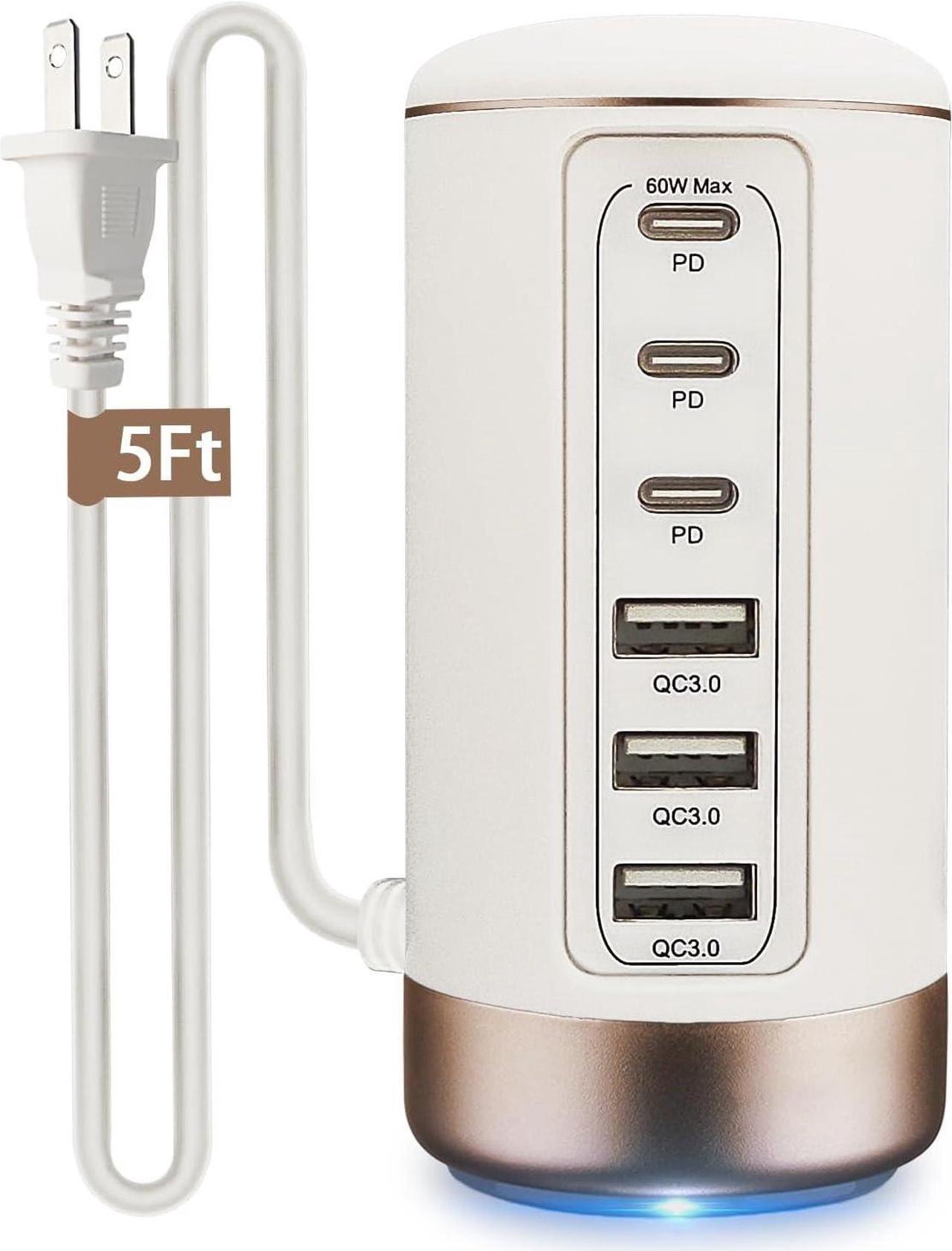 Main image of 60W USB-C Charging Station for Multiple Devices, Universal 20W USB-C & 18W USB Charging Hub, Smart IC Identification Technology Charging Tower for iPhone iPad Tablets Smartphones, Home Office Use