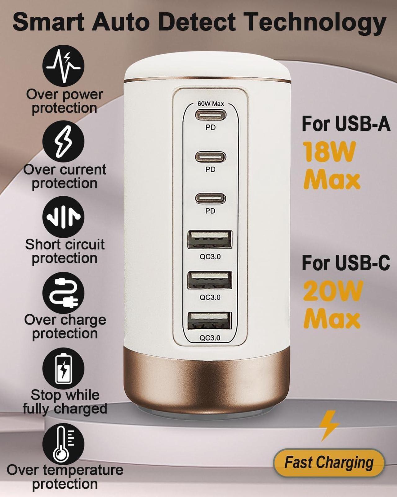 Alt view image 2 of 7 - 60W USB-C Charging Station for Multiple Devices, Universal 20W USB-C & 18W USB Charging Hub, Smart IC Identification Technology Charging Tower for iPhone iPad Tablets Smartphones, Home Office Use