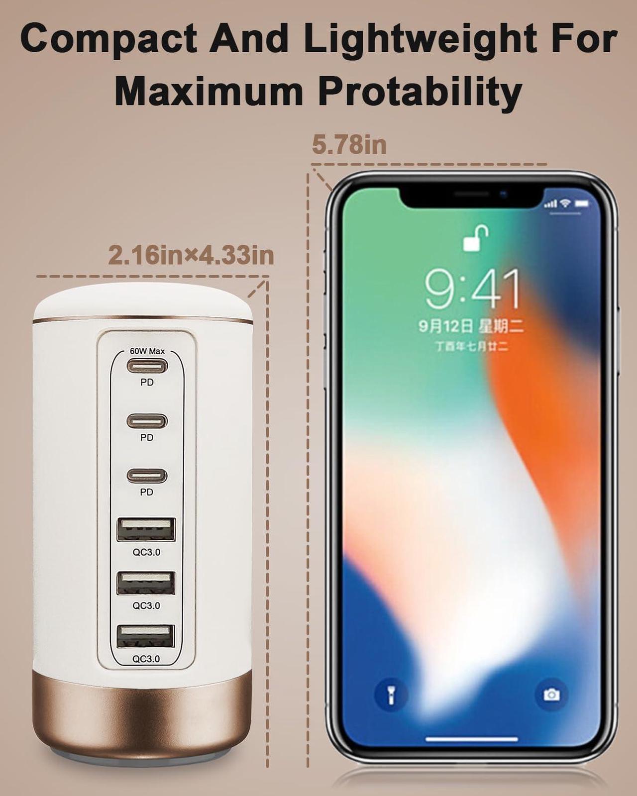 Alt view image 4 of 7 - 60W USB-C Charging Station for Multiple Devices, Universal 20W USB-C & 18W USB Charging Hub, Smart IC Identification Technology Charging Tower for iPhone iPad Tablets Smartphones, Home Office Use