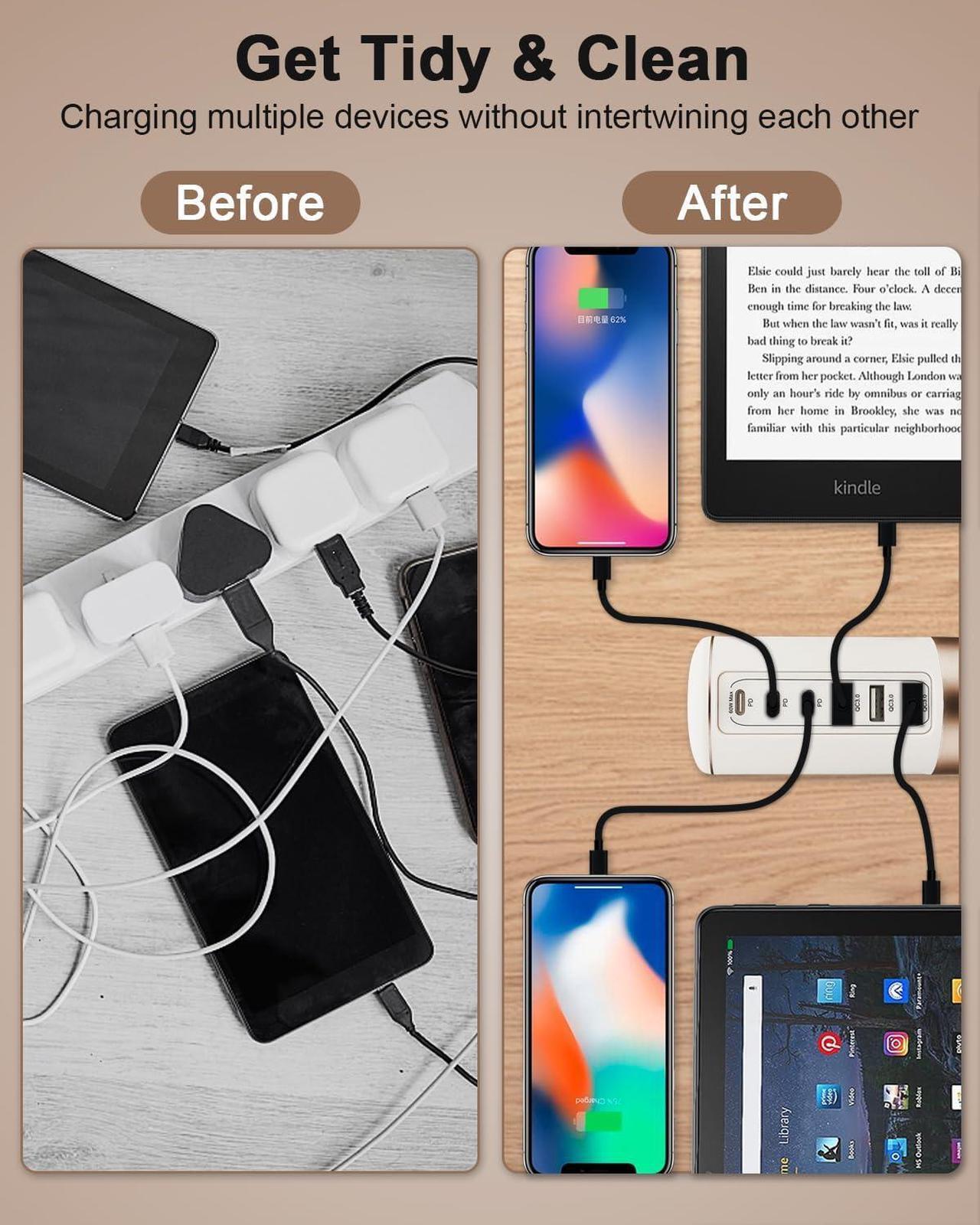 Alt view image 6 of 7 - 60W USB-C Charging Station for Multiple Devices, Universal 20W USB-C & 18W USB Charging Hub, Smart IC Identification Technology Charging Tower for iPhone iPad Tablets Smartphones, Home Office Use