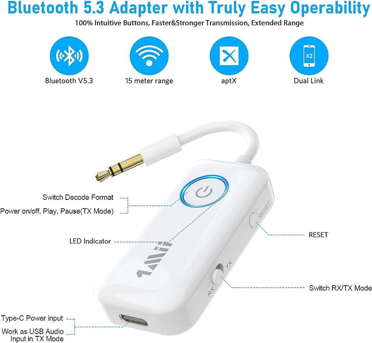 Alt view image 3 of 7 - 1Mii Bluetooth 5.3 Transmitter Receiver for Airplane/TV to 2 Headphones/AirPods, Dual Links Wireless Audio Adapter w/aptx Low Latency/HD/AptX Adaptive, 3.5mm Aux Bluetooth Adapter for Cars, Gym, Boat
