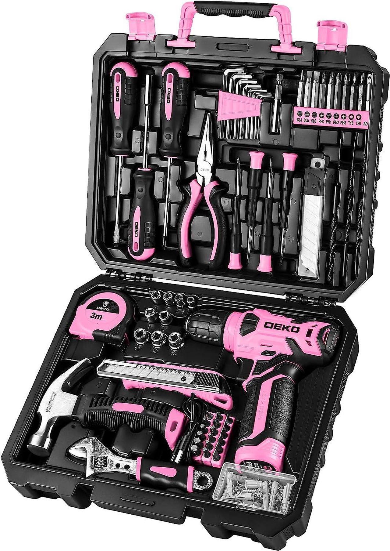 DEKOPRO Drill Set: Tool Set with 8V Pink Cordless Drill, Home Tool Kit with Drill, DIY Hand Tool Kits for Women Garden Office House Repair 126 Piece