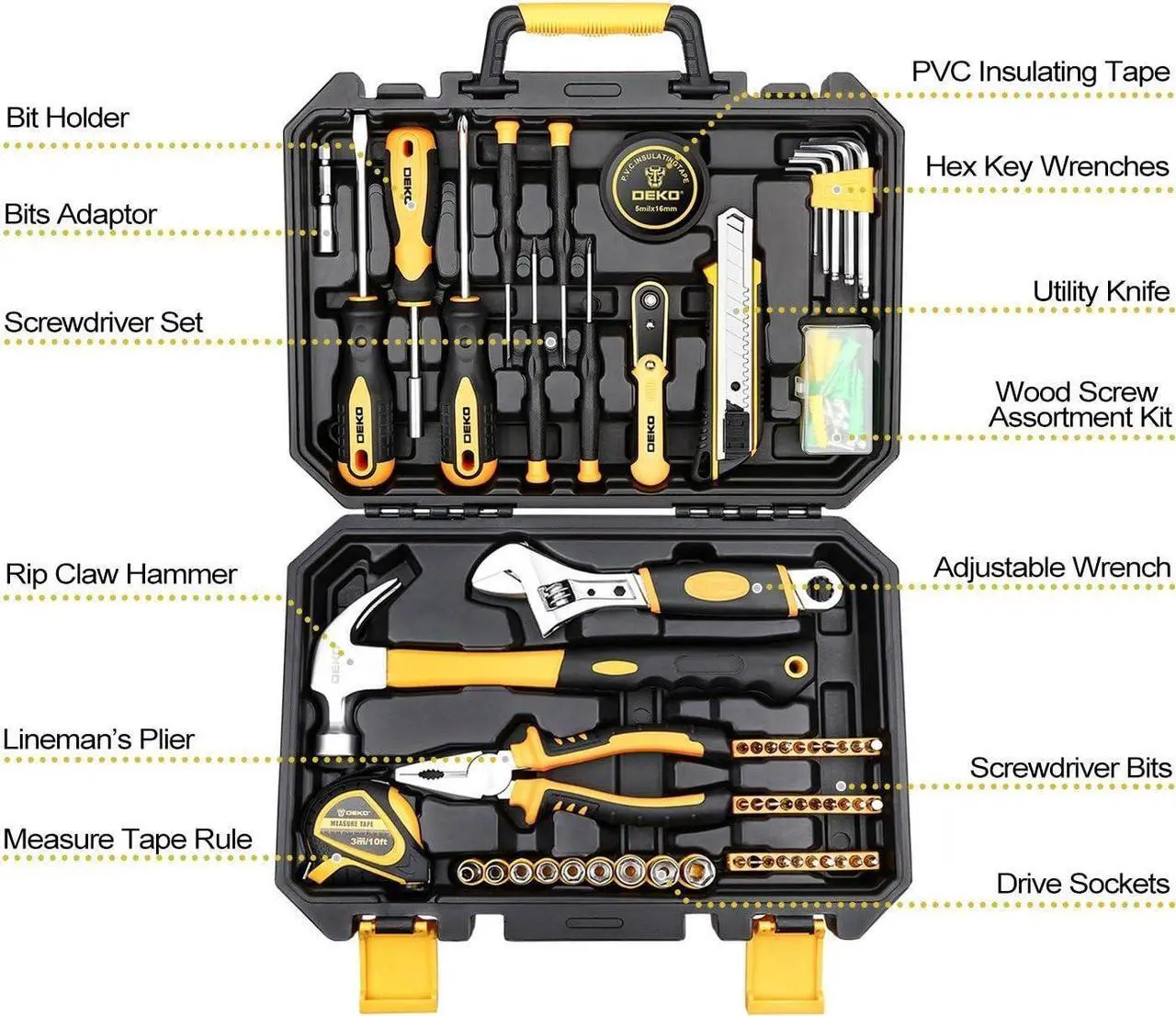 Alt view image 2 of 7 - DEKOPRO 100 Piece Tool Set,General Household Hand Tool Kit,with Plastic Toolbox Storage Case for Handyman,Home Maintenance