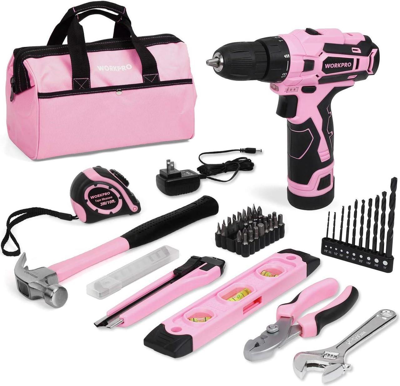 WORKPRO 12V Pink Cordless Drill Driver and Home Tool Kit, 61 Pieces Household Hand Tool Set for DIY, Home Maintenance, 14-inch Storage Bag Included