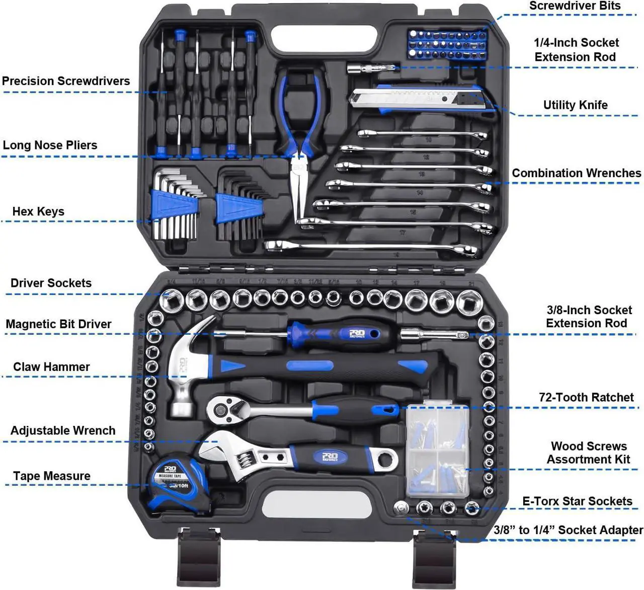 Alt view image 2 of 7 - Prostormer 148-Piece Hand Tool Set, General Home and Auto Repair Tool Kit with Toolbox Storage Case for Mechanical Repair, DIY, Home Maintenance