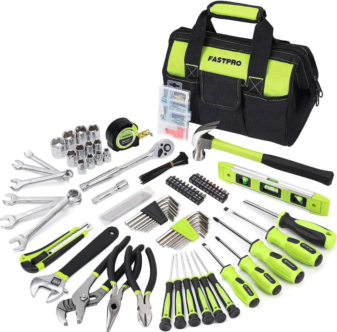 Main image of FASTPRO 236-Piece Home Repairing Tool Set, Mechanics Hand Tool Kit with 12-Inch Wide Mouth Open Storage Bag, Household Tool Set for DIY, Home Maintenance, Green