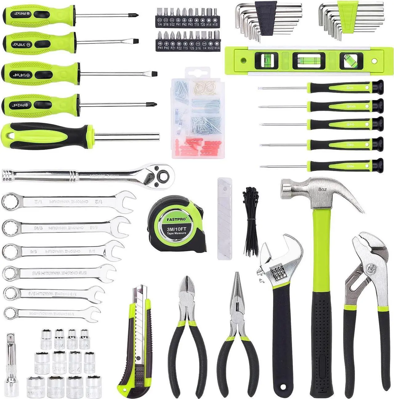 Alt view image 2 of 7 - FASTPRO 236-Piece Home Repairing Tool Set, Mechanics Hand Tool Kit with 12-Inch Wide Mouth Open Storage Bag, Household Tool Set for DIY, Home Maintenance, Green