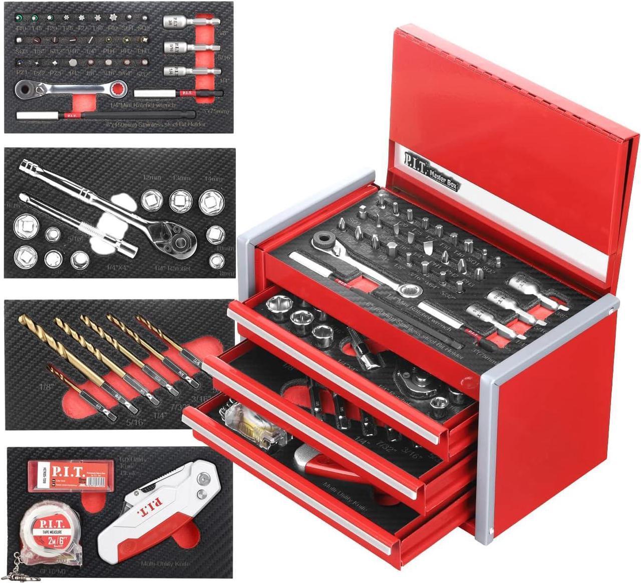 Main image of P.I.T. Portable 3 Drawer Steel Tool Box with 61-Pieces Mechanics Tool Set,Magnetic Locking, Red Hand Carry Tool Cases for Hand Tools Repair Tool Kit