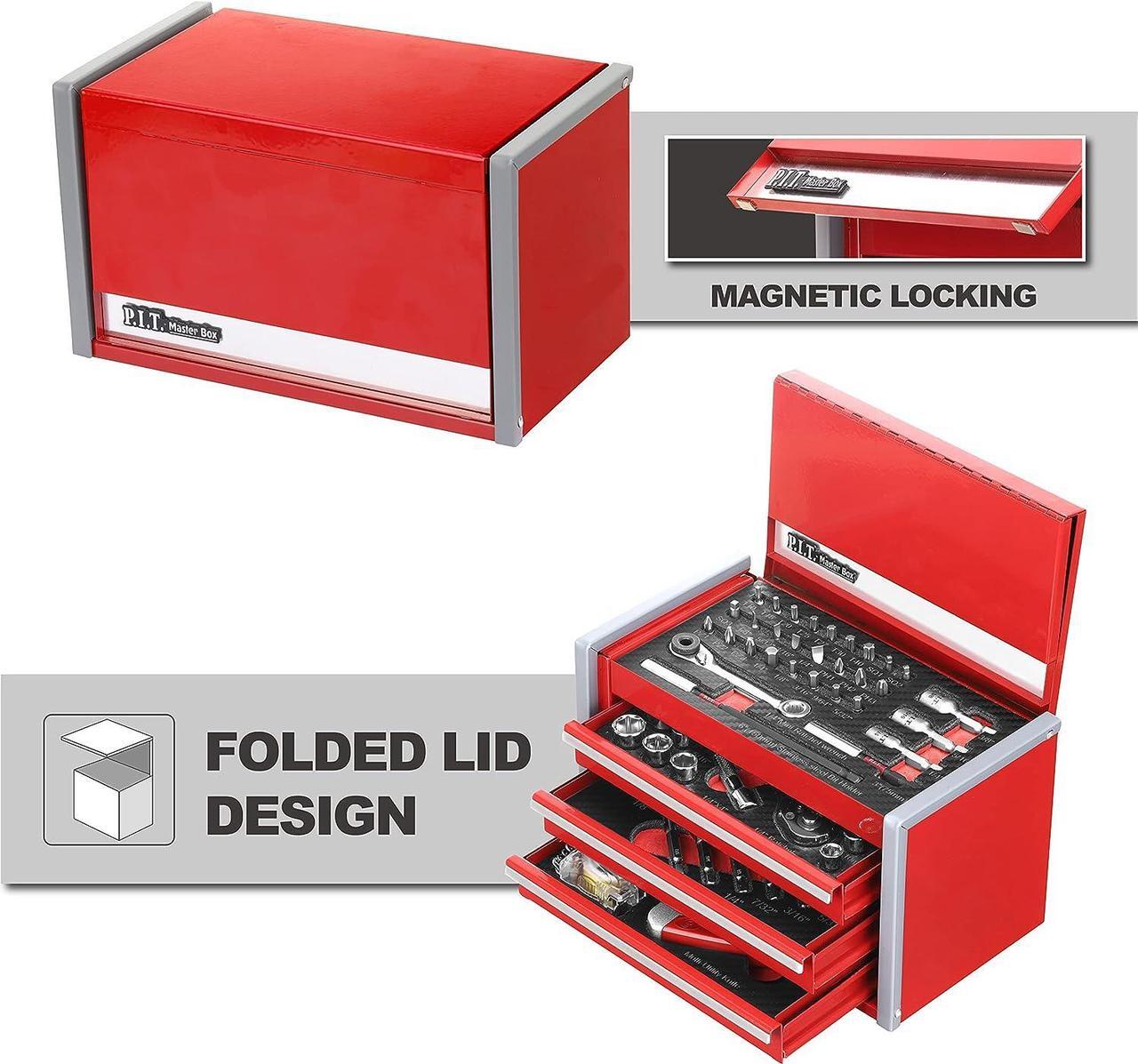 Alt view image 4 of 7 - P.I.T. Portable 3 Drawer Steel Tool Box with 61-Pieces Mechanics Tool Set,Magnetic Locking, Red Hand Carry Tool Cases for Hand Tools Repair Tool Kit