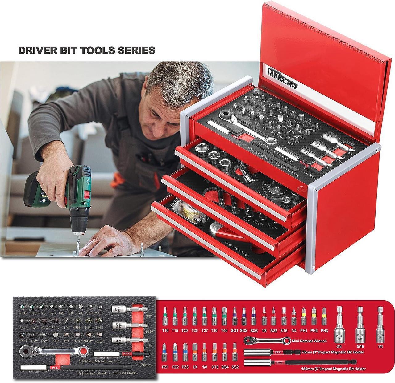 Alt view image 5 of 7 - P.I.T. Portable 3 Drawer Steel Tool Box with 61-Pieces Mechanics Tool Set,Magnetic Locking, Red Hand Carry Tool Cases for Hand Tools Repair Tool Kit