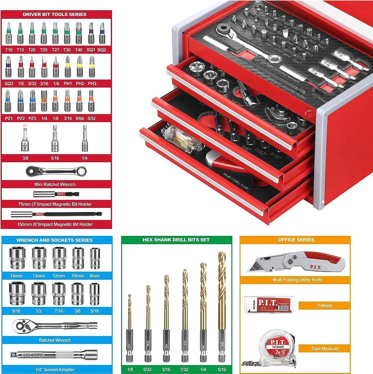 Alt view image 2 of 7 - P.I.T. Portable 3 Drawer Steel Tool Box with 61-Pieces Mechanics Tool Set,Magnetic Locking, Red Hand Carry Tool Cases for Hand Tools Repair Tool Kit