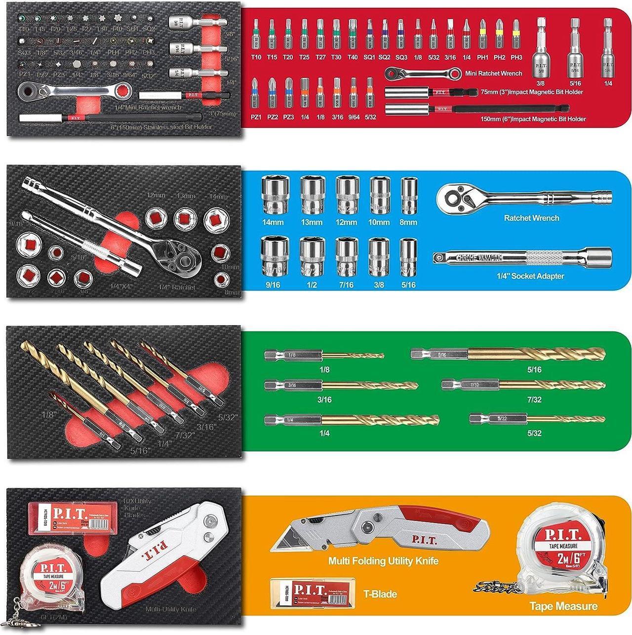 Alt view image 3 of 7 - P.I.T. Portable 3 Drawer Steel Tool Box with 61-Pieces Mechanics Tool Set,Magnetic Locking, Red Hand Carry Tool Cases for Hand Tools Repair Tool Kit