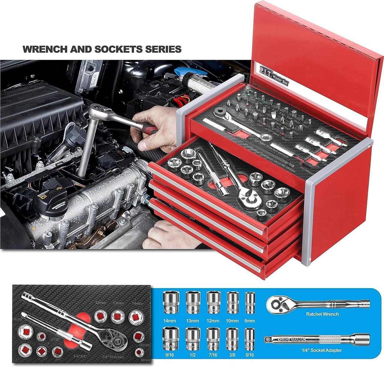 Alt view image 6 of 7 - P.I.T. Portable 3 Drawer Steel Tool Box with 61-Pieces Mechanics Tool Set,Magnetic Locking, Red Hand Carry Tool Cases for Hand Tools Repair Tool Kit