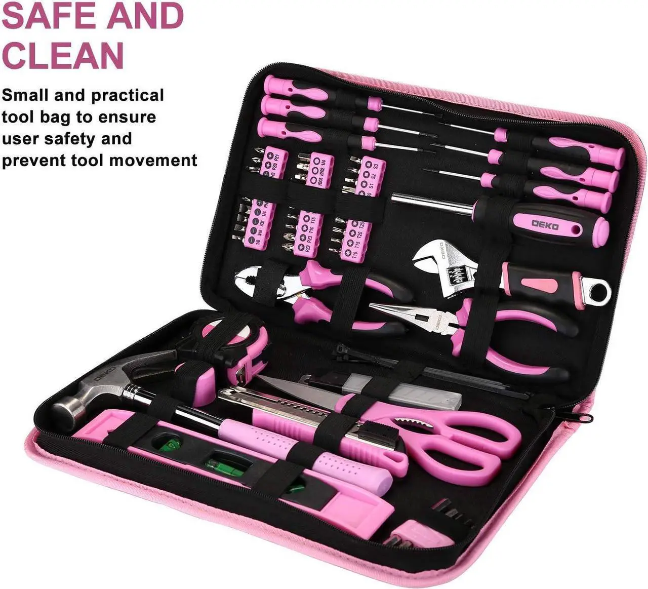 Alt view image 2 of 7 - DEKO Pink Tool Set 110 Piece Household Tool Kit,Ladies Portable Tool Set with Easy Carrying Pouch, Perfect for DIY Projects, Home Maintenance