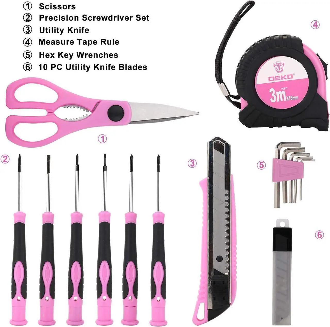 Alt view image 4 of 7 - DEKO Pink Tool Set 110 Piece Household Tool Kit,Ladies Portable Tool Set with Easy Carrying Pouch, Perfect for DIY Projects, Home Maintenance