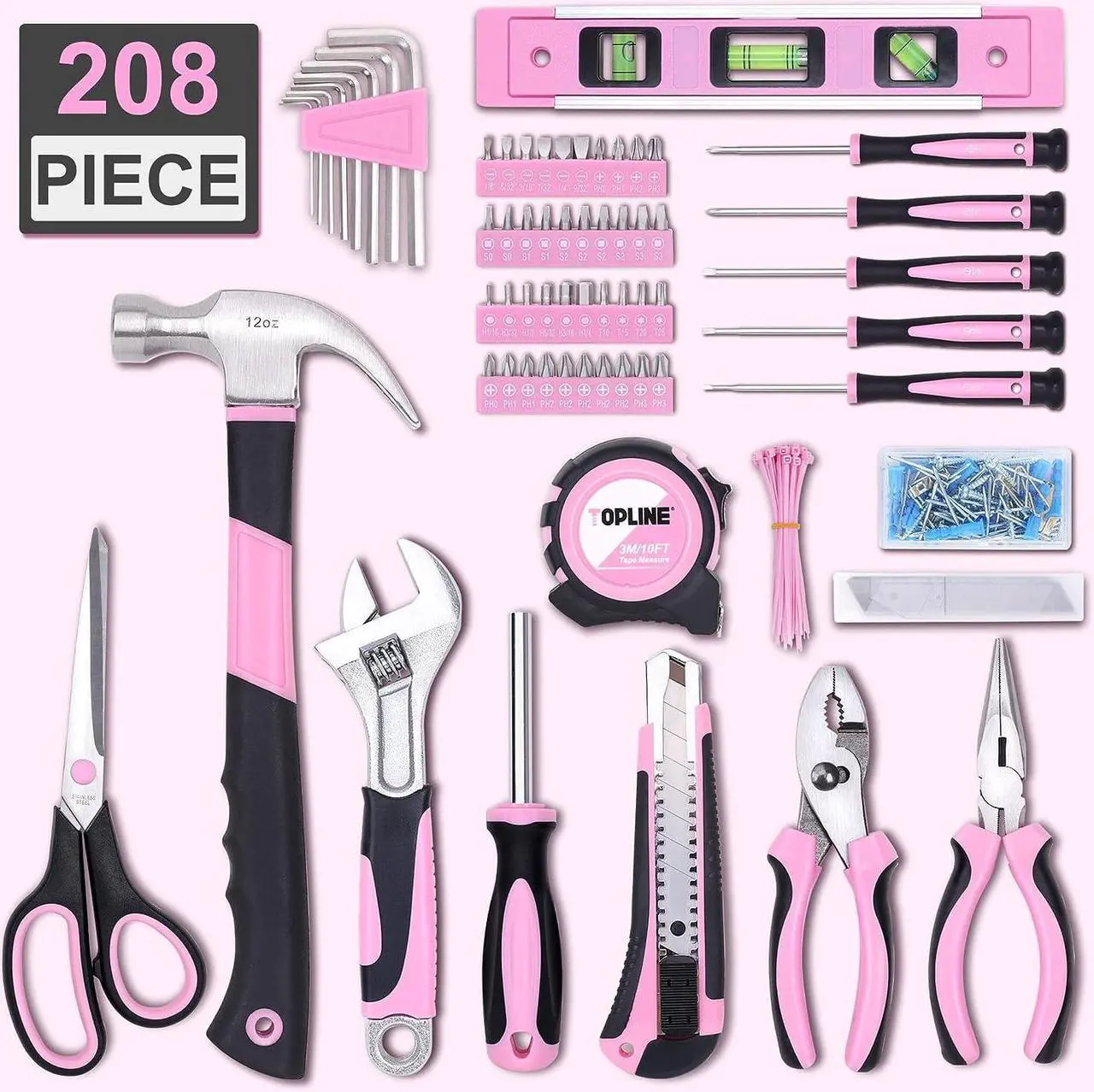 Alt view image 2 of 7 - TOPLINE 208-Piece Pink Tool Kits for Women with Round Pouch, Small Tools Kit for Apartment, Home, Household Ladies Pink Tool Set for Best Gifts and Home Maintenance