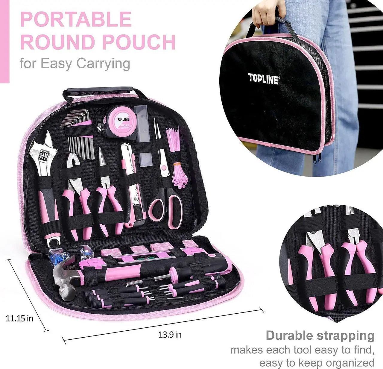 Alt view image 6 of 7 - TOPLINE 208-Piece Pink Tool Kits for Women with Round Pouch, Small Tools Kit for Apartment, Home, Household Ladies Pink Tool Set for Best Gifts and Home Maintenance