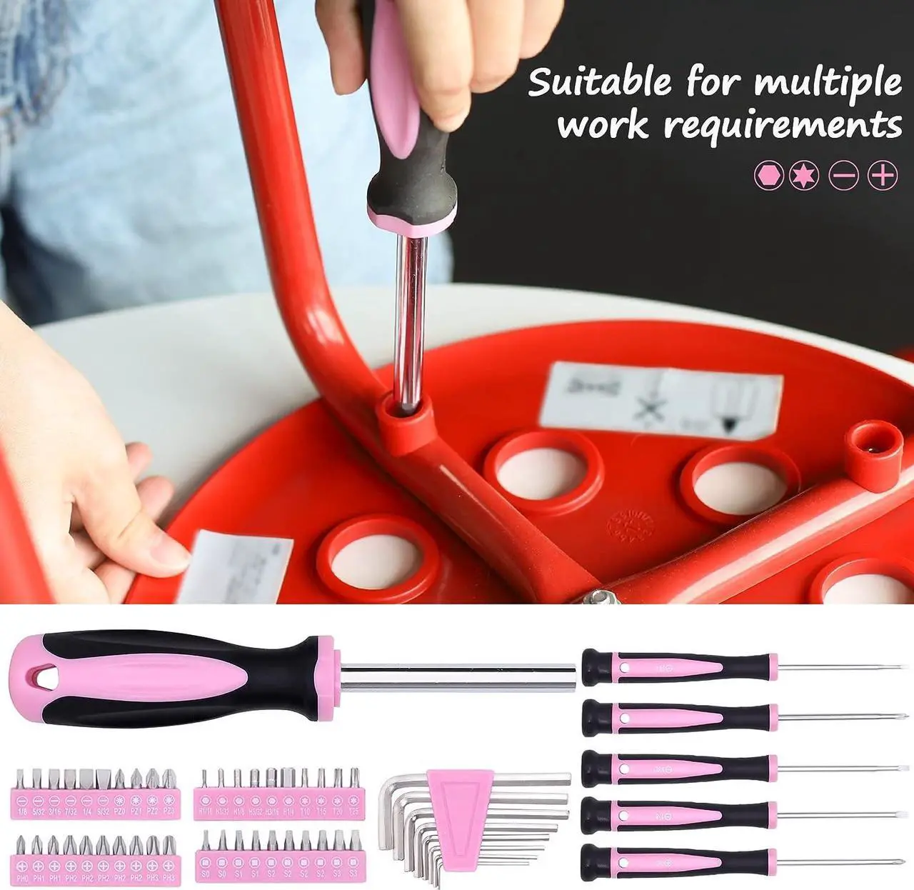 Alt view image 5 of 7 - TOPLINE 208-Piece Pink Tool Kits for Women with Round Pouch, Small Tools Kit for Apartment, Home, Household Ladies Pink Tool Set for Best Gifts and Home Maintenance