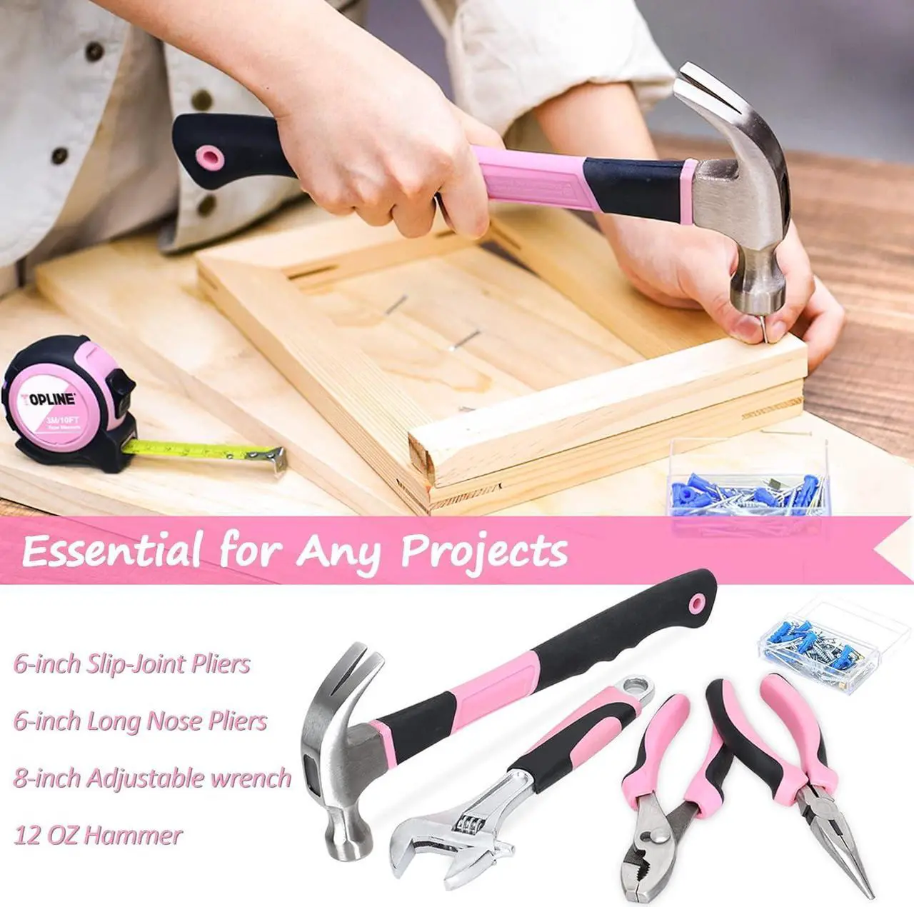 Alt view image 4 of 7 - TOPLINE 208-Piece Pink Tool Kits for Women with Round Pouch, Small Tools Kit for Apartment, Home, Household Ladies Pink Tool Set for Best Gifts and Home Maintenance
